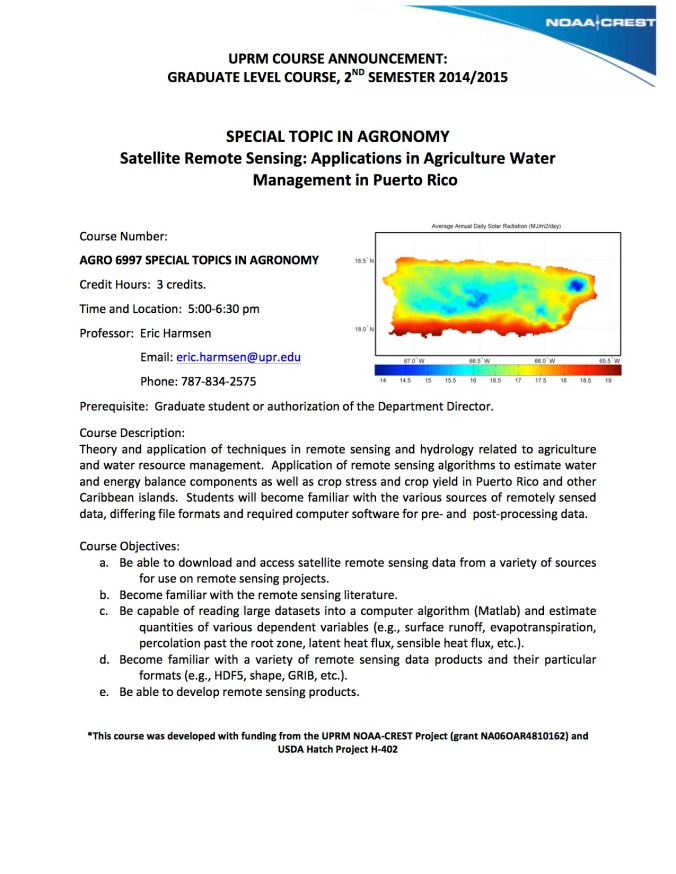 COURSE ANNOUNCEMENT - ERIC HARMSEN - 2ND SEMESTER 2014-2015